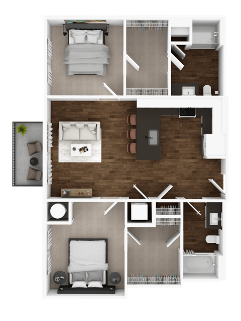 Floor plan for 2 beds, 2 baths, 1019 sqft